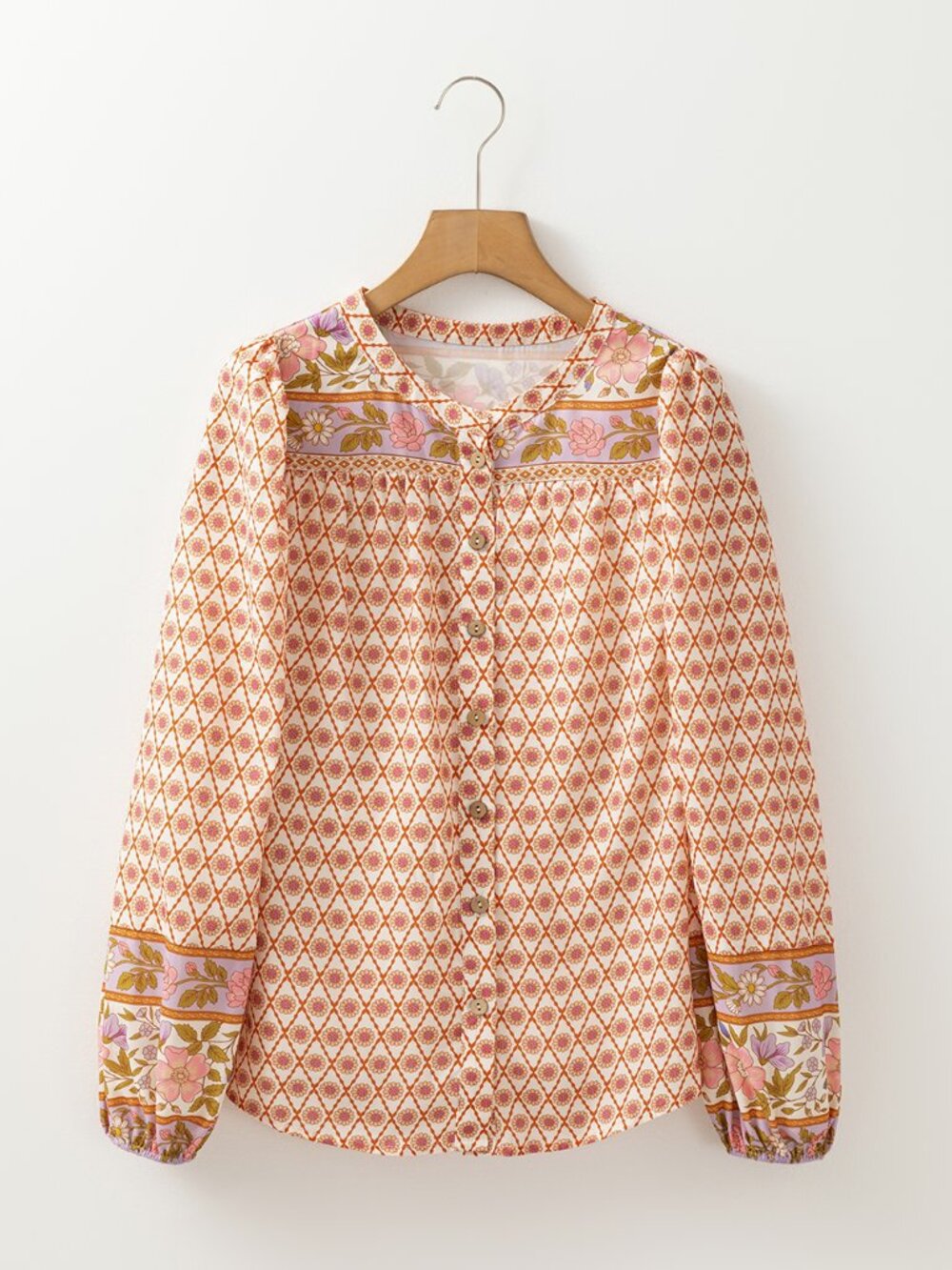 Multicolour Boho Floral Mixed Print Puff Sleeve Blouse - Picture 3 of 7